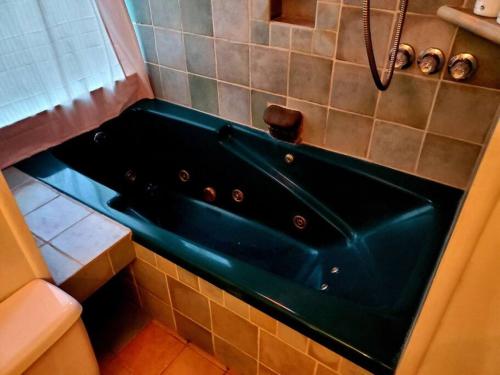 a green bath tub in a bathroom with tiles at Balcony Suite at White Lotus Eco Spa Retreat in Stanardsville