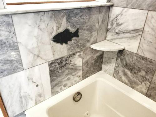 a bathroom with a bath tub with a hole in the wall at Cascina Rococo at White Lotus Eco Spa Retreat in Stanardsville
