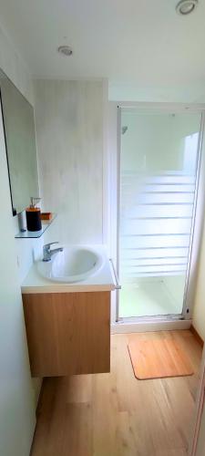 une salle de bain avec un lavabo et une grande fenêtre dans l'établissement Camping le Phare d'Opale ( mobil home), à Le Portel
