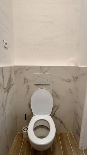 une petite salle de bain avec toilettes aux murs en marbre dans l'établissement Charmant 3 pièces idéalement situé, à Menton