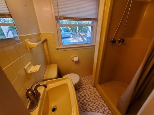 un bagno con lavandino, water e finestra di Glade Cottage at White Lotus Eco Spa Retreat a Stanardsville