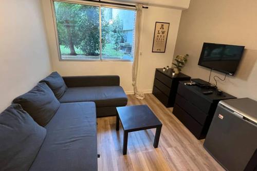 uma sala de estar com um sofá e uma televisão em Appartement Porte de Vincennes Nation - 2 pers em Saint-Mandé