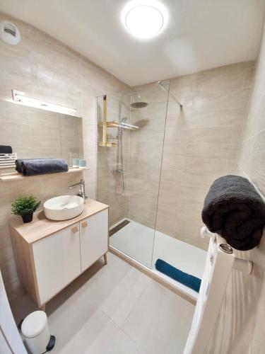 une salle de bain avec douche et lavabo dans l'établissement Port Fréjus - Tout à pied - WIFI - Clim, à Fréjus