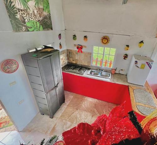 a small kitchen with a stove and a refrigerator at CABAÑAS EL CHEPO in Chepo