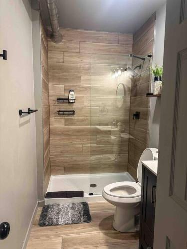 a bathroom with a shower with a toilet and a sink at Stylish Cozy Studio in Detroit in Detroit