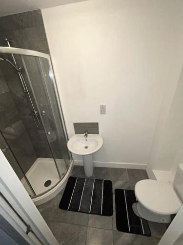 y baño con ducha, aseo y lavamanos. en Modern 1 bed apartment in Salford en Mánchester