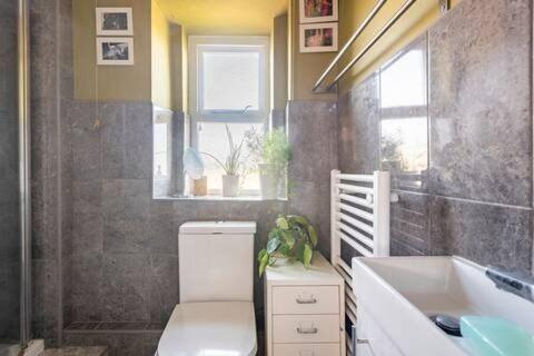 a bathroom with a toilet and a sink and a window at Spacious, Sunny Double Bedroom in Home Stay Quirky Cottage, Near Holmfirth in Holmfirth