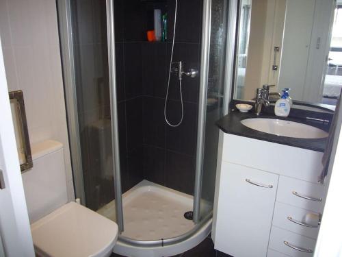 y baño con ducha, aseo y lavamanos. en Apartamento ANA - 1 Habitación en A Coruña