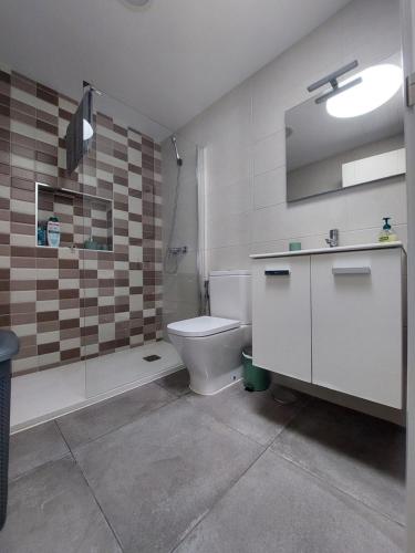 een badkamer met een toilet, een douche en een wastafel bij CASA ANTONIO Pasillo al Mar 40A in Costa Teguise