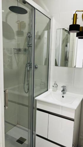 a bathroom with a glass shower and a sink at Suites Luciano Cordeiro in Lisbon