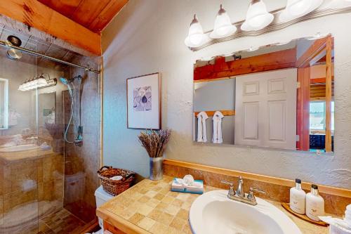 y baño con lavabo y ducha. en The Log Cabin, en Driggs