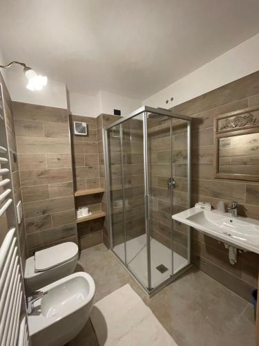 a bathroom with a shower and a toilet and a sink at Hotel Genzianella in Santa Caterina Valfurva