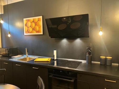 een keuken met een aanrecht met een fornuis en een wastafel bij Geschmackvolles Appartement mitten in Düsseldorf in Düsseldorf