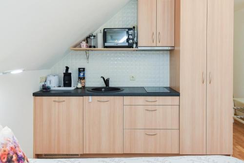 a kitchen with a sink and a microwave at Vila Laurus in Palanga
