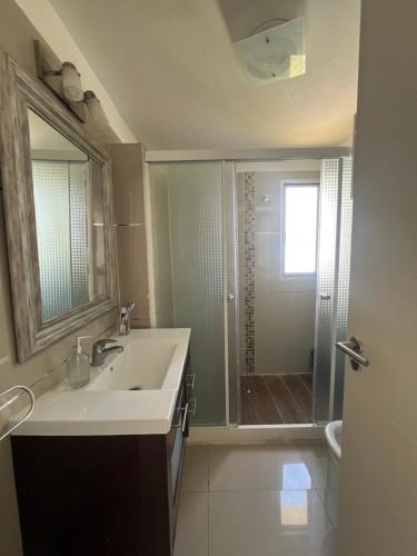 een badkamer met een wastafel, een douche en een wastafel bij Pinar del Oriental A 8 in José Ignacio