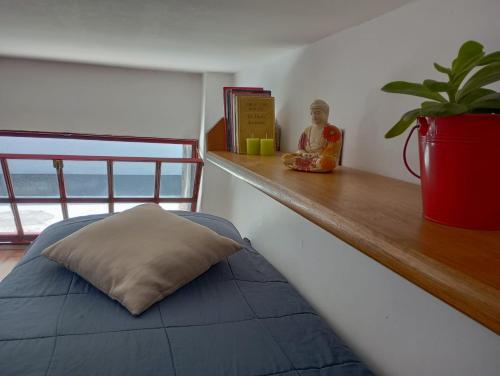 un letto con un cuscino su una mensola in legno con una pianta di Bright brand new studio a Olivos