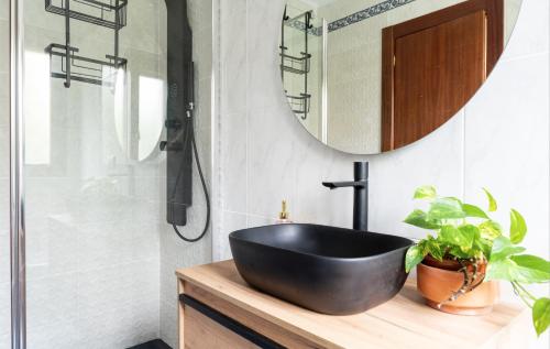 baño con lavabo negro y espejo en La casa del artista en Santander
