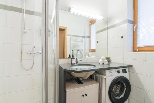 a bathroom with a sink and a washing machine at ALPSTAY "Eulennest" - Garten, Gondelnähe & Netflix in Bad Kleinkirchheim