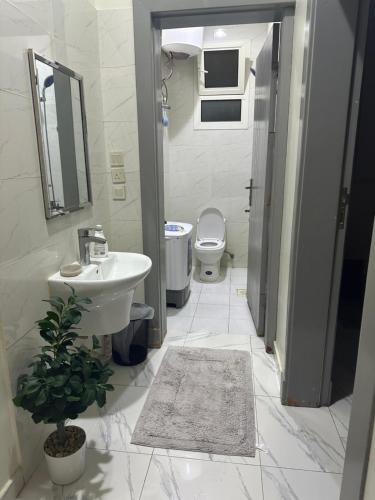 uma casa de banho branca com um lavatório e um WC em شقة فاخرة للايجار اليومي em Al-Kharj