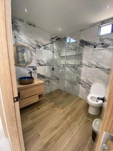 a bathroom with a shower and a toilet at Casa de Lujo con Piscina privada Flandes Tolima in Flandes