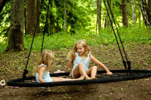 two little girls sitting on a swing in the woods at Pūjalgi in Ēdole
