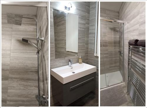 two pictures of a bathroom with a sink and a shower at Home from Home near LFC, EFC & train station in Liverpool