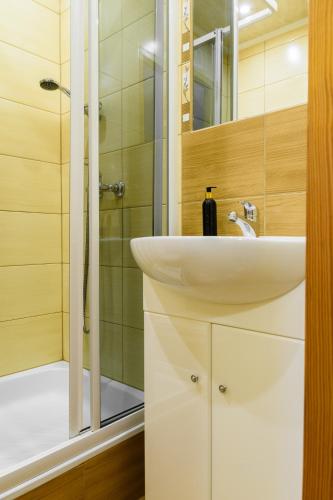 a bathroom with a sink and a shower at Willa Patryk in Zakopane