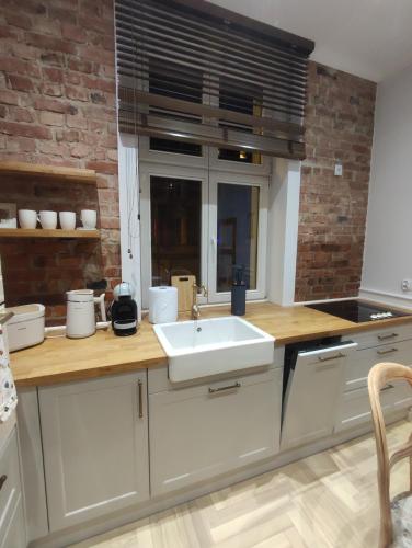 a kitchen with a sink and a brick wall at Apartments PSD - Anny Łajming 1D in Słupsk