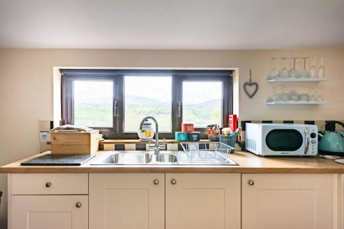 a kitchen counter with a sink and a microwave at The Retreat in Llanrhaeadr-ym-Mochnant