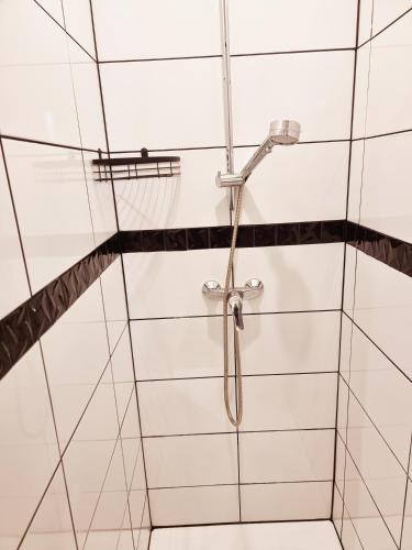 La salle de bains est pourvue d'une douche avec une paroi en verre. dans l'établissement Prestigieuse Résidence : N°14, à Bellac