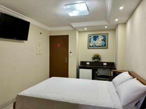 Un dormitorio con una cama, un escritorio y un televisor. en San Francisco Plazza Hotel, en São Paulo