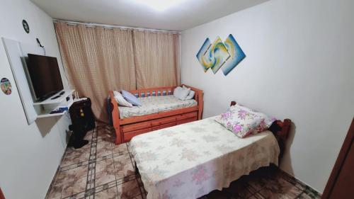 een slaapkamer met een bed, een bank en een televisie bij Kitnet confortável em paulinia in Paulínia