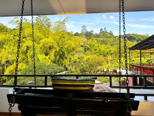 a swing in a porch with a view of trees at Tierra Maravilla in Salento