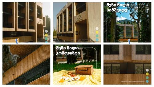 un collage d'images d'un bâtiment avec un enfant devant dans l'établissement Bakuriani Kohta-Mitarbi Cozy studio B1, à Bakuriani