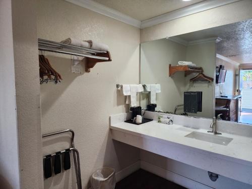a bathroom with a sink and a large mirror at Budget Inn in Corcoran