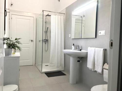 biała łazienka z prysznicem i umywalką w obiekcie La Almedina: Palacio de Foronda w mieście Cazorla