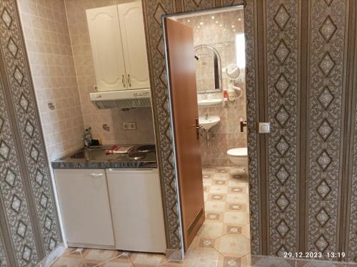 a small bathroom with a sink and a toilet at Central Hotel in Schwetzingen