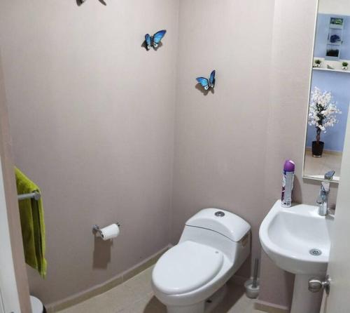 baño con aseo y lavamanos con mariposas en la pared en Paradise Ecologic, en Atlacholoaya