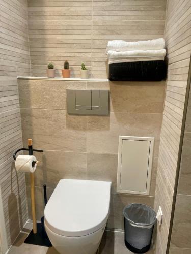 La salle de bains est pourvue de toilettes et d'une étagère avec des plantes. dans l'établissement Studio Le Central 350 m de Gare Lyon Part-Dieu, Navette Stade et Arena ,Eurexpo Aéroport- Bus Direct Centre Ville, à Lyon