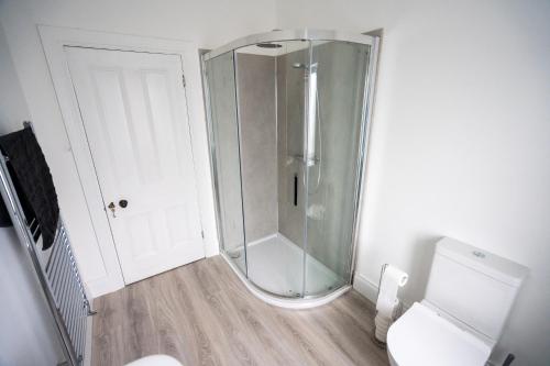 a glass shower in a bathroom with a toilet at The Bank Apartment Irvinestown in Irvinestown