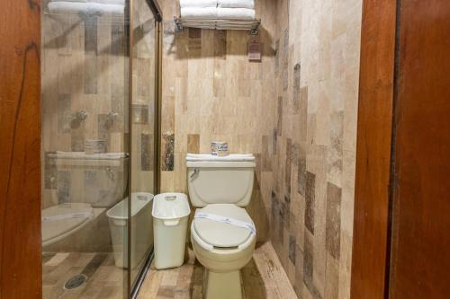 La salle de bains est pourvue de toilettes, d'un lavabo et d'une douche. dans l'établissement Hotel Margaritas, à Mazatlán