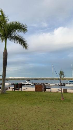 two park benches and a palm tree near a beach at Refúgio Beira Lago- Life Resort in Brasilia