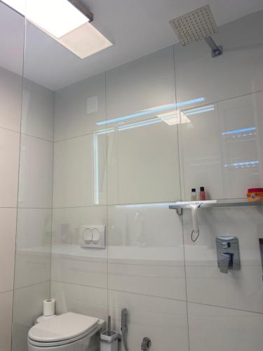 a bathroom with a toilet and a glass shower at G&D Apartment in Sarandë