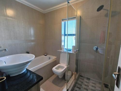 a bathroom with a sink and a toilet and a shower at Frank's Place in Yzerfontein