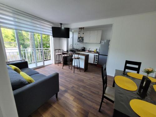 a living room and kitchen with a couch and a table at Departamento nuevo pucon in Pucón