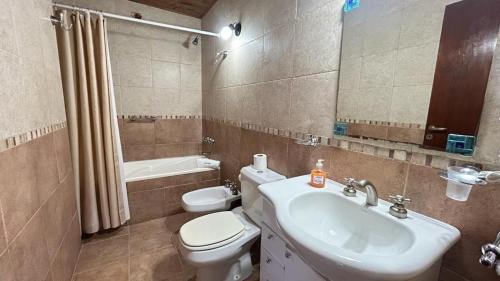uma casa de banho com um lavatório, um WC e um espelho. em Nereidas Apart em Mar de las Pampas
