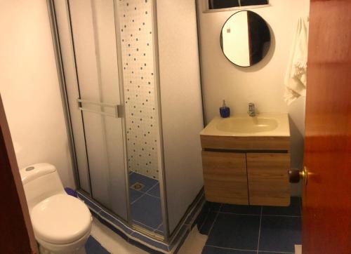 a bathroom with a shower and a toilet and a sink at Alojamiento Cuarto Espiral in Manizales