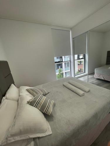 um quarto com uma cama grande com duas almofadas em Entire 2 bedrooms Security Apartment em Riverwood