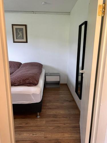 a small bedroom with a bed and a mirror at Lakeside Apartments in Egilsstadir