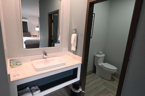 a bathroom with a sink and a toilet and a mirror at Edgewater Inn and Suites in Coos Bay